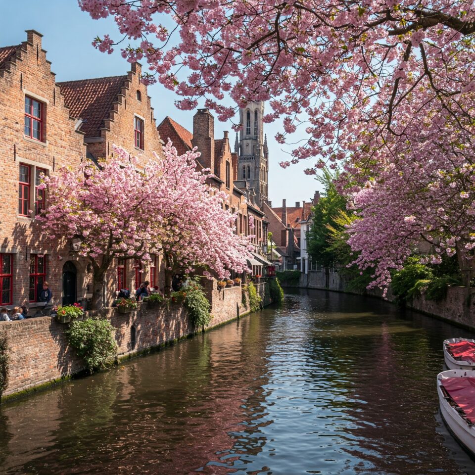Picturesque canal view in Bruges, Belgium, with blooming pink cherry blossom trees framing medieval architecture.