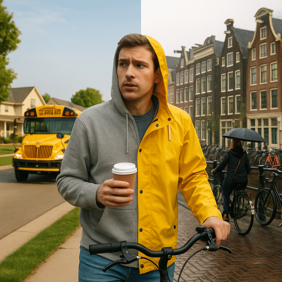 A split-scene image showing cultural differences between American and Dutch life, with an expat caught between a suburban U.S. street and a rainy Dutch canal.