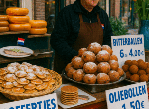 Dutch food for Americans: Traditional Dutch street market stall displaying poffertjes, oliebollen, bitterballen, and stroopwafels.