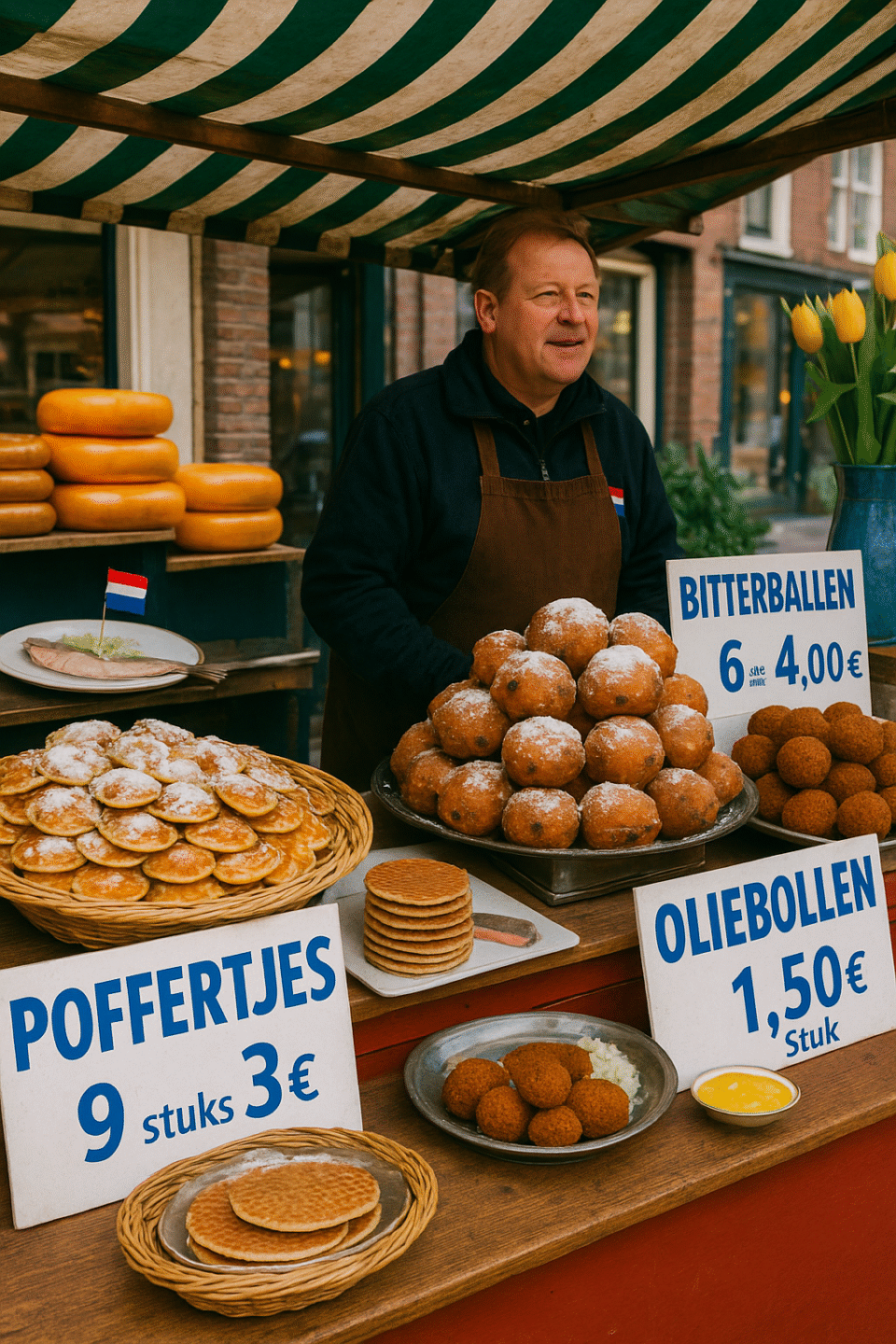 Dutch food for Americans: Traditional Dutch street market stall displaying poffertjes, oliebollen, bitterballen, and stroopwafels.