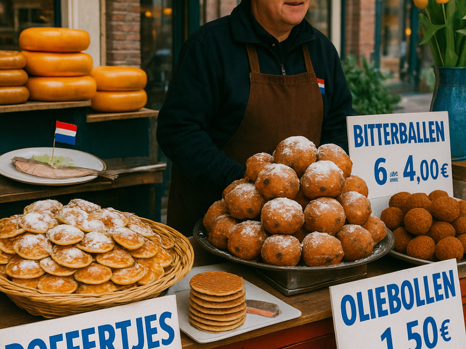 Dutch food for Americans: Traditional Dutch street market stall displaying poffertjes, oliebollen, bitterballen, and stroopwafels.
