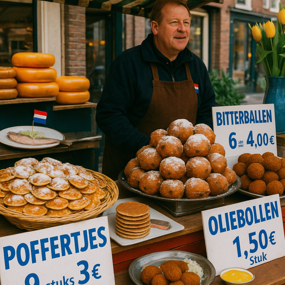 Dutch food for Americans: Traditional Dutch street market stall displaying poffertjes, oliebollen, bitterballen, and stroopwafels.