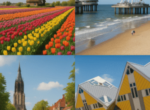 Collage of weekend getaways near The Hague featuring tulip fields, Scheveningen Pier, Delft canal, and Rotterdam’s Cube Houses
