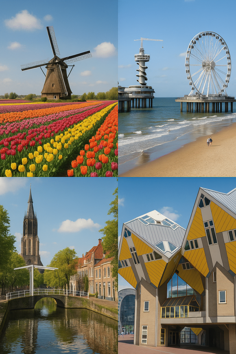 Collage of weekend getaways near The Hague featuring tulip fields, Scheveningen Pier, Delft canal, and Rotterdam’s Cube Houses