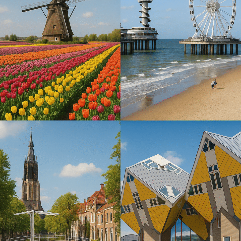 Collage of weekend getaways near The Hague featuring tulip fields, Scheveningen Pier, Delft canal, and Rotterdam’s Cube Houses