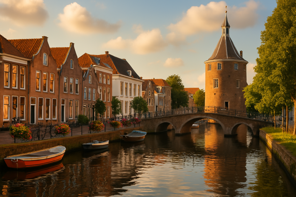 Dutch canal at sunset with historic buildings, arched bridge, and reflection on calm water.