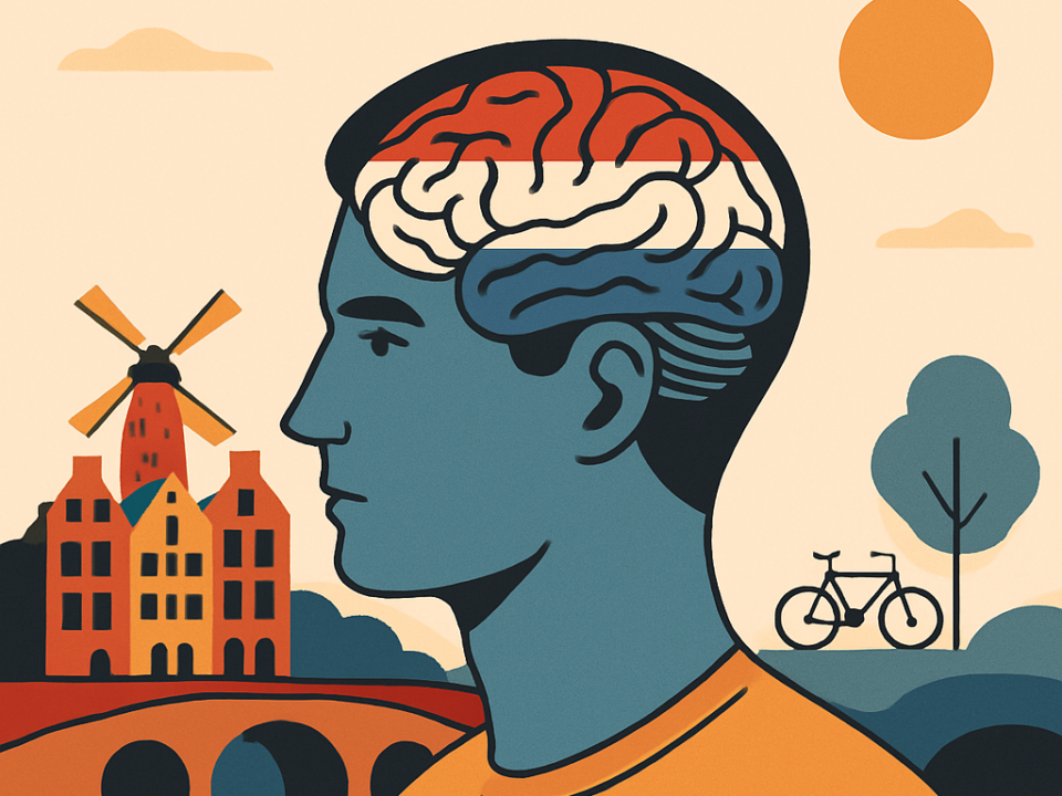 Flat-style digital illustration of an American man adapting to Dutch life, with his profile in blue and orange tones, a stylized brain representing transformation, and background elements including windmills, canal houses, and a bike under a soft Dutch sky.