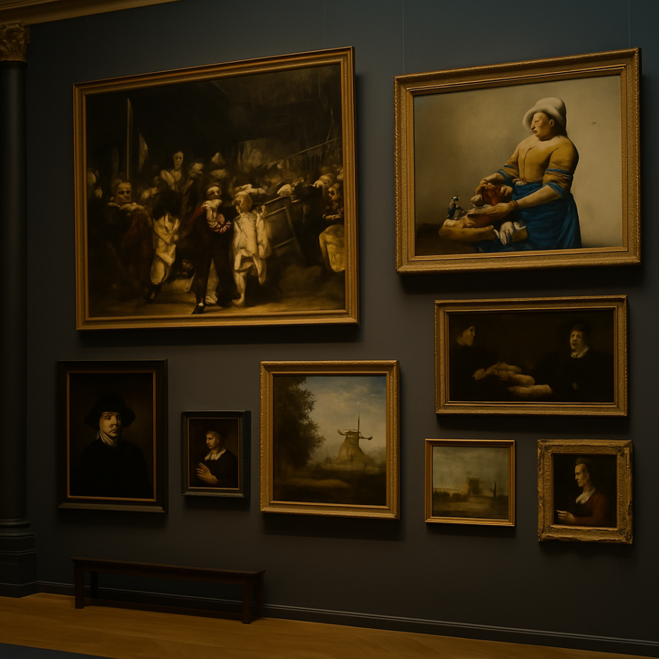 Interior of a Dutch art museum gallery featuring classical paintings on a deep blue-gray wall, including Rembrandt’s The Night Watch and Vermeer’s The Milkmaid, with warm lighting and a wooden bench in the foreground.