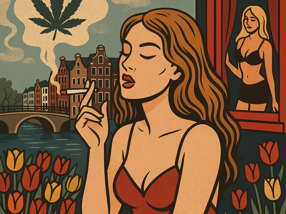 A symbolic illustration of common American stereotypes about the Netherlands, including tulips, cannabis culture, and Amsterdam canals, used to contrast perception with reality.