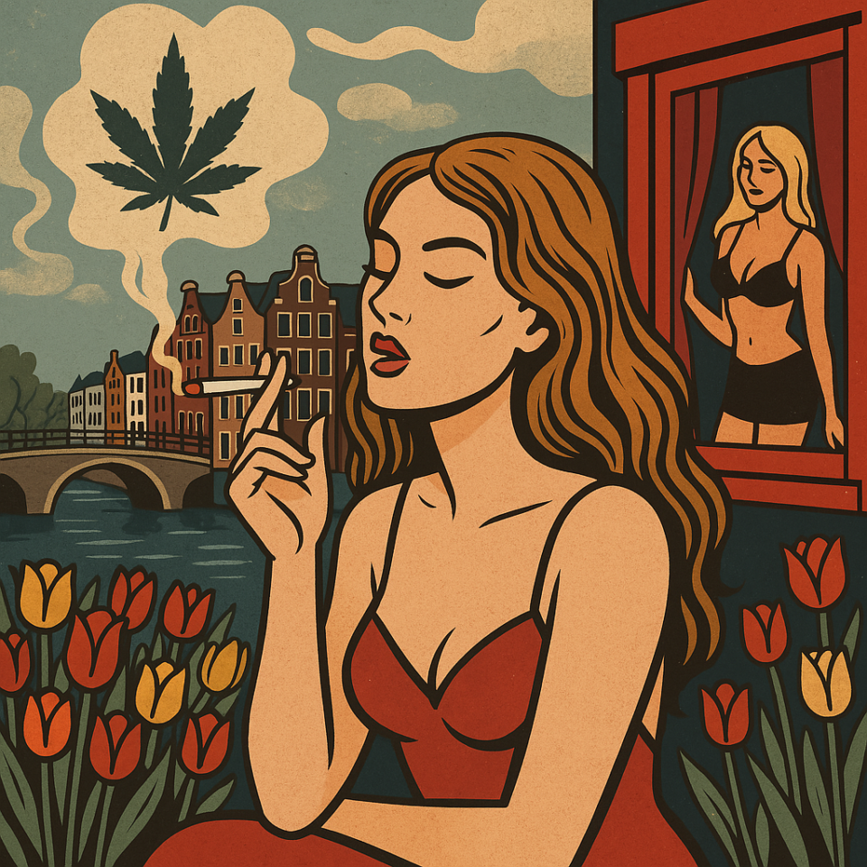 A symbolic illustration of common American stereotypes about the Netherlands, including tulips, cannabis culture, and Amsterdam canals, used to contrast perception with reality.