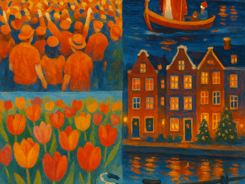A vibrant, painterly digital illustration depicting Dutch holidays throughout the year. The image includes orange-clad crowds celebrating King’s Day, fireworks lighting the night sky, Sinterklaas arriving by boat, tulip fields, bicycles, and cozy canal houses decorated for Christmas.
