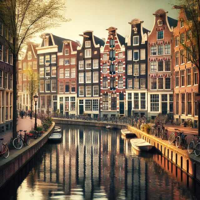 A row of colorful, gabled canal houses in Amsterdam reflecting in still water, with bicycles lined up along the railing.