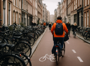 A cyclist in an orange jacket rides along a busy Dutch city bike lane lined with parked bikes and brick buildings, illustrating Dutch biking culture.