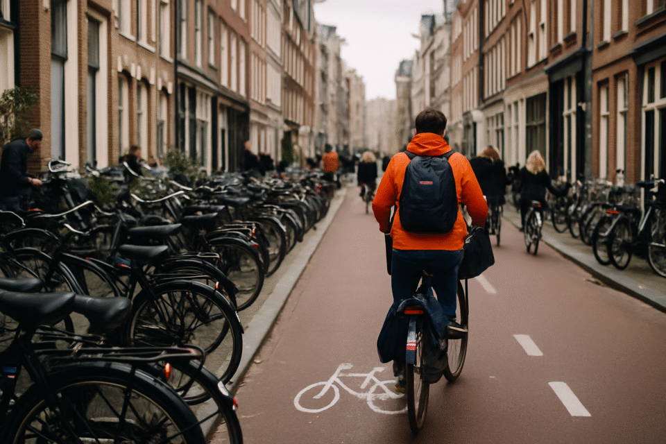 A cyclist in an orange jacket rides along a busy Dutch city bike lane lined with parked bikes and brick buildings, illustrating Dutch biking culture.
