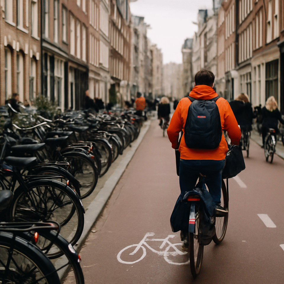 A cyclist in an orange jacket rides along a busy Dutch city bike lane lined with parked bikes and brick buildings, illustrating Dutch biking culture.