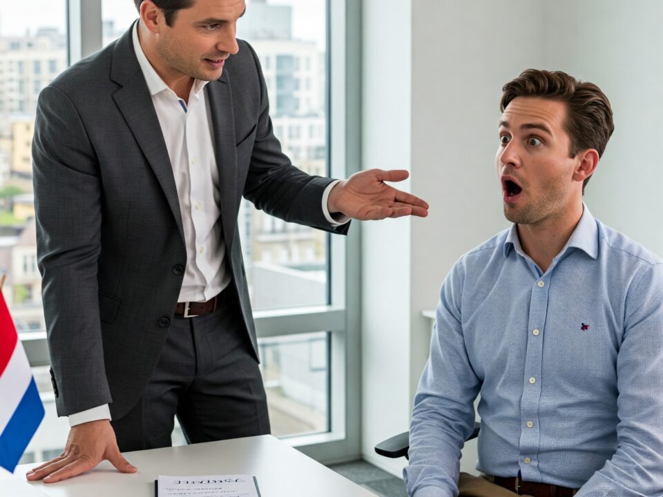 American expat looking shocked while receiving Dutch directness from a colleague in an office setting.