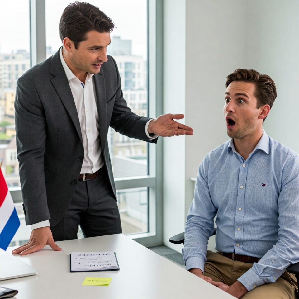 American expat looking shocked while receiving Dutch directness from a colleague in an office setting.