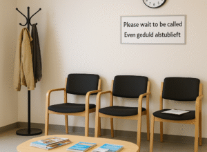 A modern Dutch doctor’s office waiting room with minimalist chairs, a coat rack, a table of brochures, and a bilingual sign that reads “Please wait to be called / Even geduld alstublieft.”