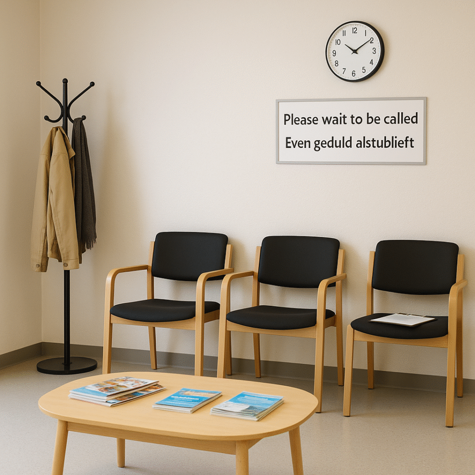 A modern Dutch doctor’s office waiting room with minimalist chairs, a coat rack, a table of brochures, and a bilingual sign that reads “Please wait to be called / Even geduld alstublieft.”