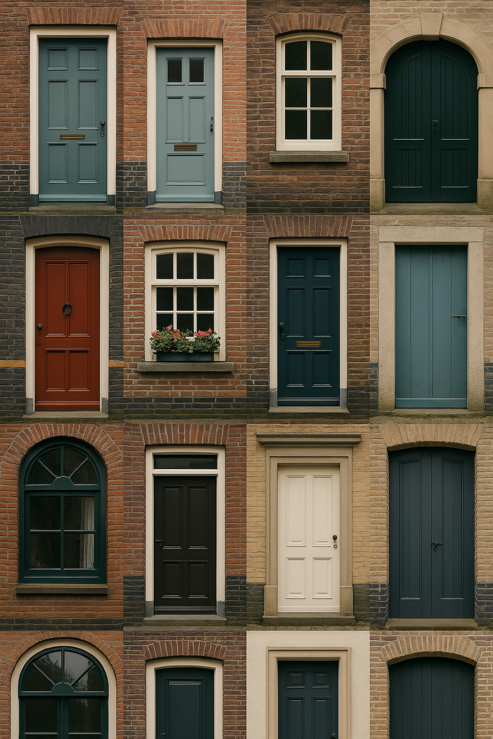 A grid of twelve distinct Dutch doors and windows, each representing a different region through unique architectural detail and color.