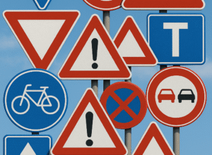 Collage of Dutch road signs illustrating traffic rules relevant to getting a Dutch driver's license