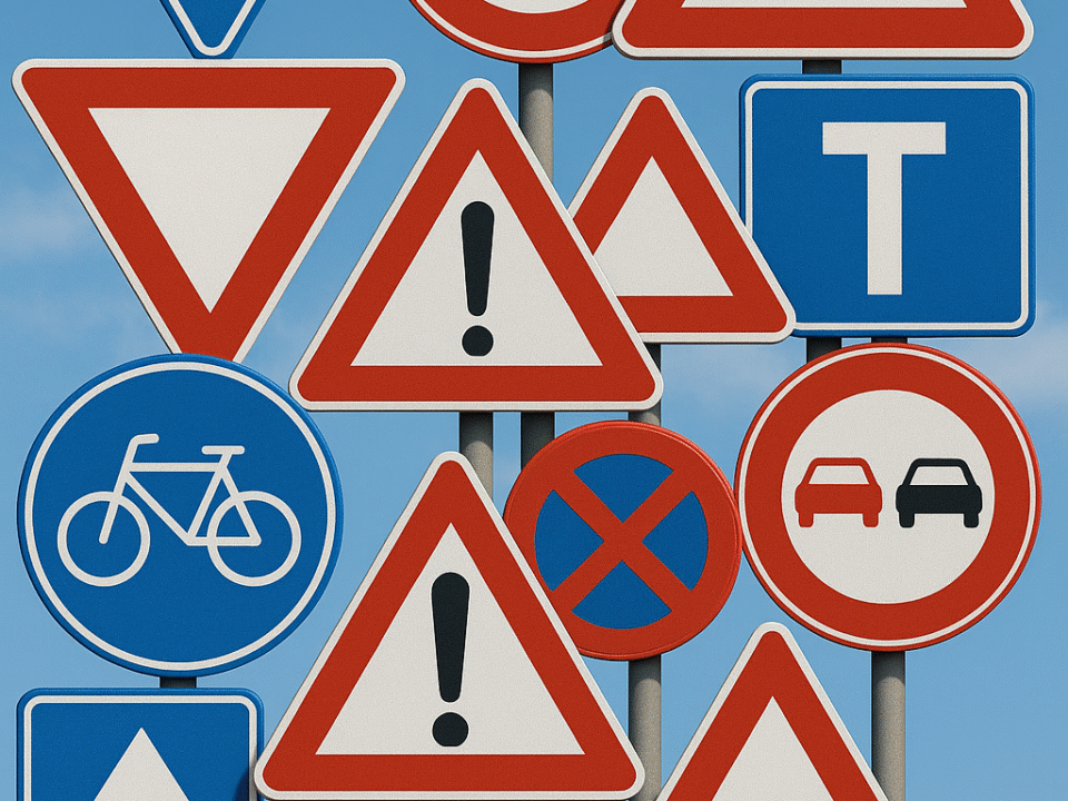 Collage of Dutch road signs illustrating traffic rules relevant to getting a Dutch driver's license