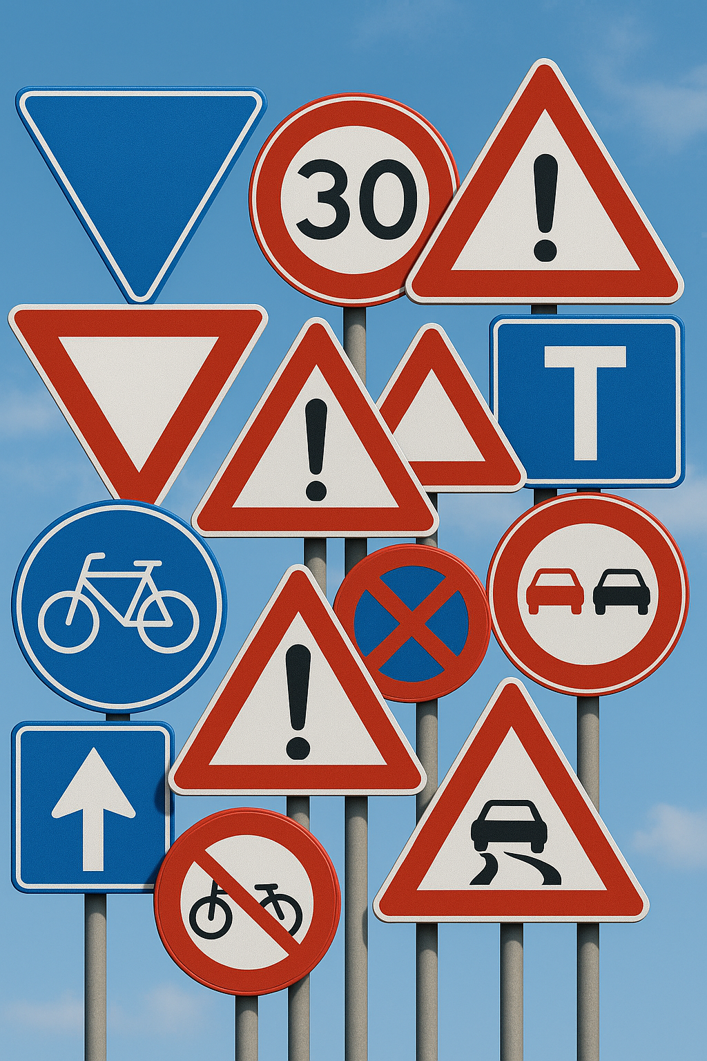 Collage of Dutch road signs illustrating traffic rules relevant to getting a Dutch driver's license