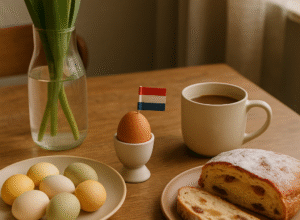A calm Easter breakfast scene with yellow tulips in a vase, a plate of pastel eggs, a Dutch egg with a flag toothpick, a mug of coffee, and sliced paasstol on a wooden table. Easter in the Netherlands.