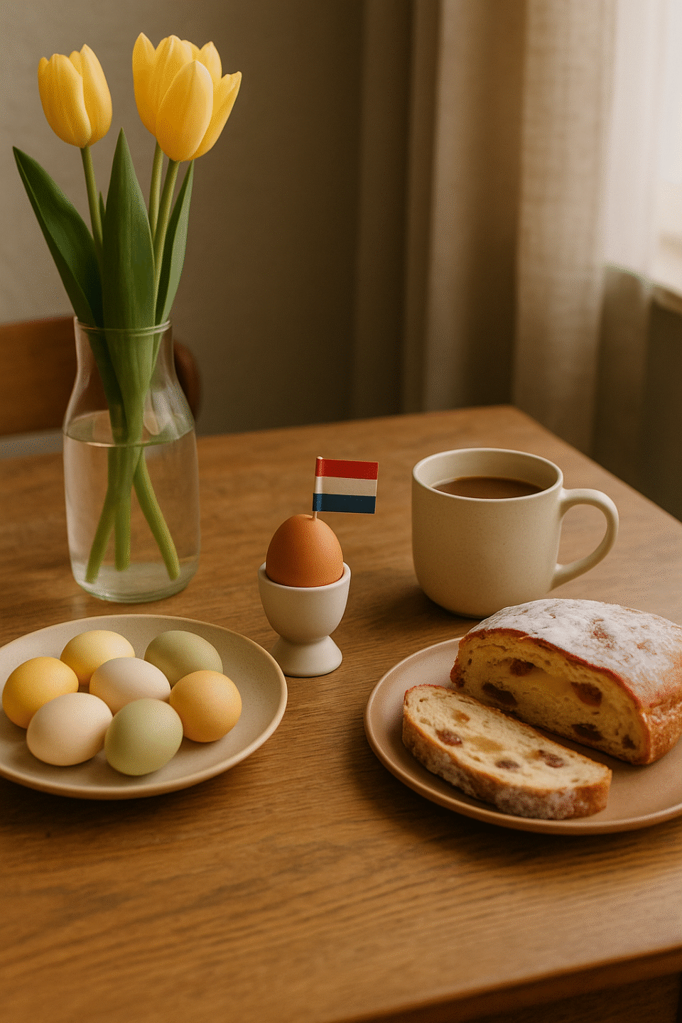 A calm Easter breakfast scene with yellow tulips in a vase, a plate of pastel eggs, a Dutch egg with a flag toothpick, a mug of coffee, and sliced paasstol on a wooden table. Easter in the Netherlands.