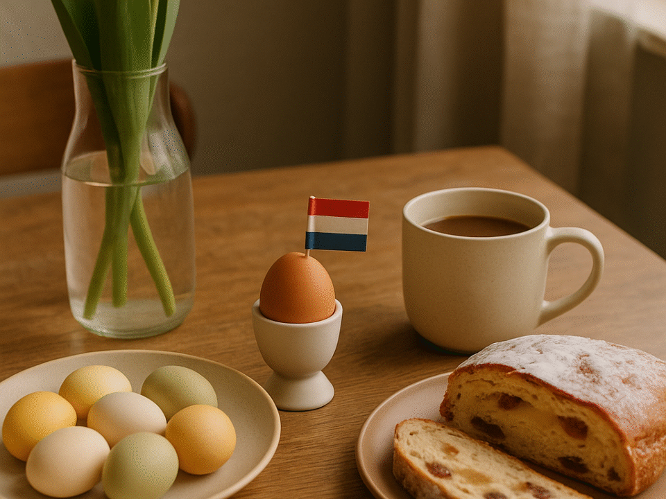 A calm Easter breakfast scene with yellow tulips in a vase, a plate of pastel eggs, a Dutch egg with a flag toothpick, a mug of coffee, and sliced paasstol on a wooden table. Easter in the Netherlands.