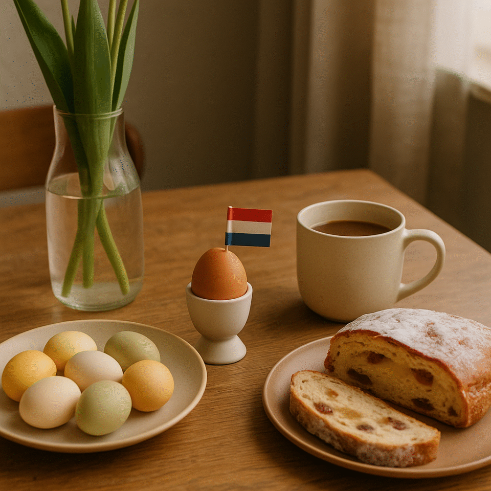 A calm Easter breakfast scene with yellow tulips in a vase, a plate of pastel eggs, a Dutch egg with a flag toothpick, a mug of coffee, and sliced paasstol on a wooden table. Easter in the Netherlands.