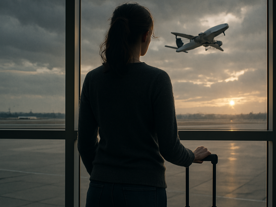 A woman stands at an airport window with a suitcase, watching a plane take off at sunrise, symbolizing the emotional uncertainty of moving abroad.