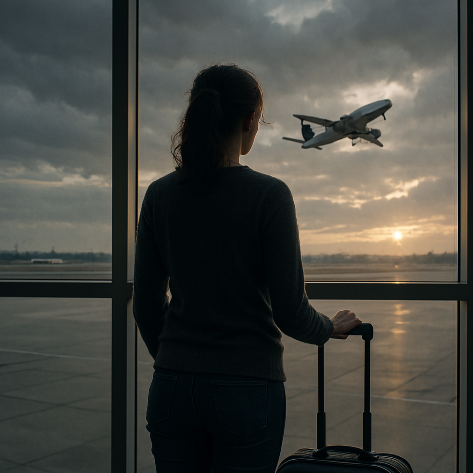 A woman stands at an airport window with a suitcase, watching a plane take off at sunrise, symbolizing the emotional uncertainty of moving abroad.