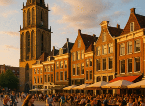 Groningen city square at golden hour with the Martinitoren, Dutch row houses, cyclists, and busy outdoor cafés