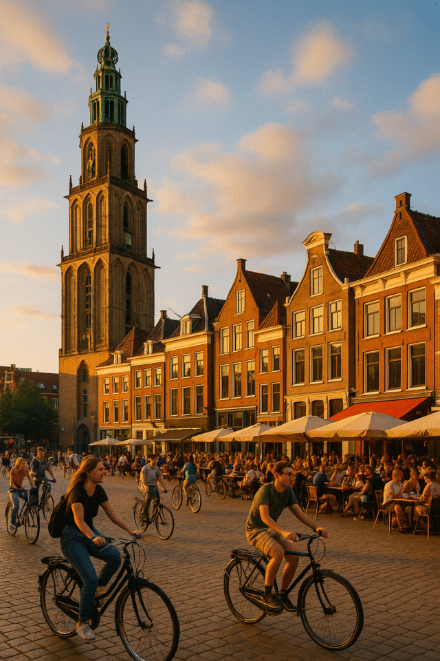 Groningen city square at golden hour with the Martinitoren, Dutch row houses, cyclists, and busy outdoor cafés