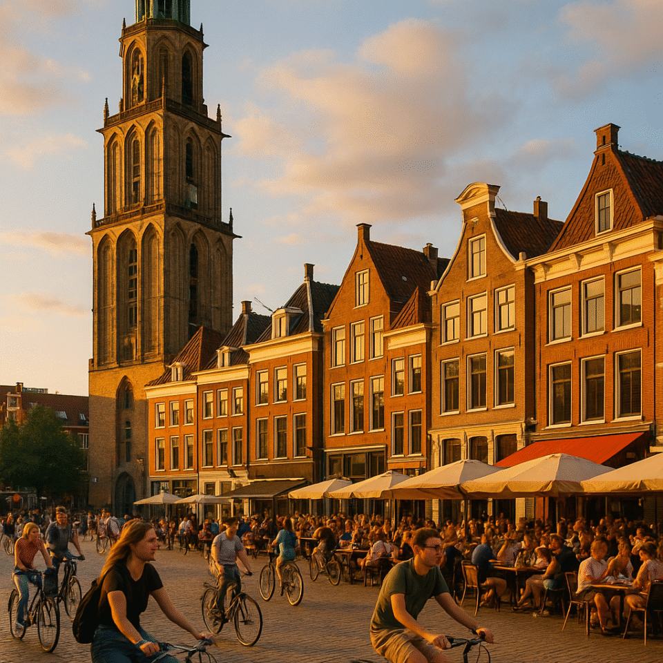 Groningen city square at golden hour with the Martinitoren, Dutch row houses, cyclists, and busy outdoor cafés
