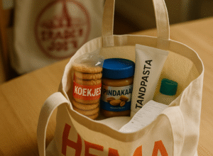 A reusable HEMA shopping bag filled with Dutch groceries including cookies, peanut butter, and toothpaste, sits on a wooden table. In the background, a Trader Joe’s tote hangs from a chair.