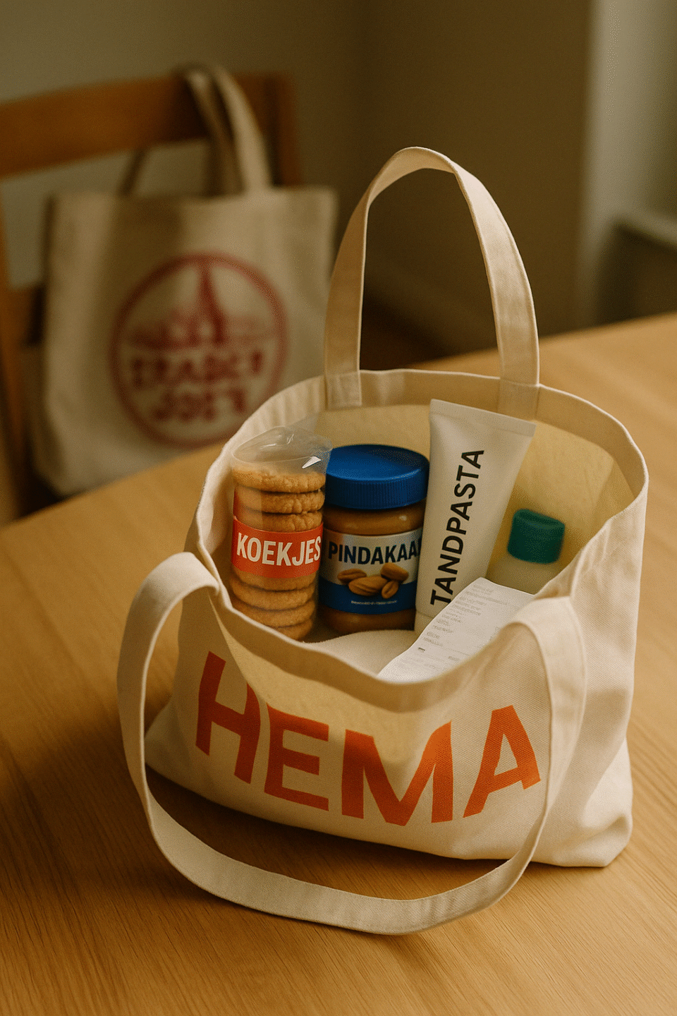 A reusable HEMA shopping bag filled with Dutch groceries including cookies, peanut butter, and toothpaste, sits on a wooden table. In the background, a Trader Joe’s tote hangs from a chair.