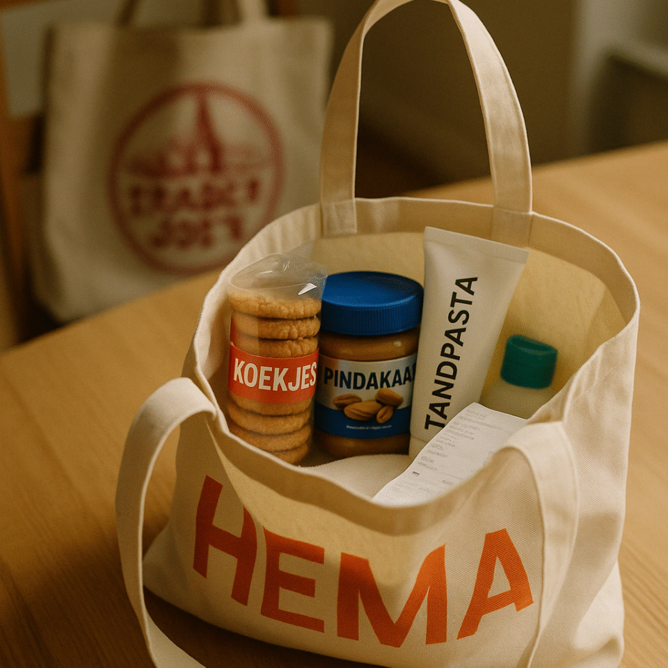 A reusable HEMA shopping bag filled with Dutch groceries including cookies, peanut butter, and toothpaste, sits on a wooden table. In the background, a Trader Joe’s tote hangs from a chair.