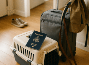 A beige pet carrier with a U.S. passport on top sits beside a suitcase and backpack in a hallway, symbolizing the process of bringing pets to the Netherlands.