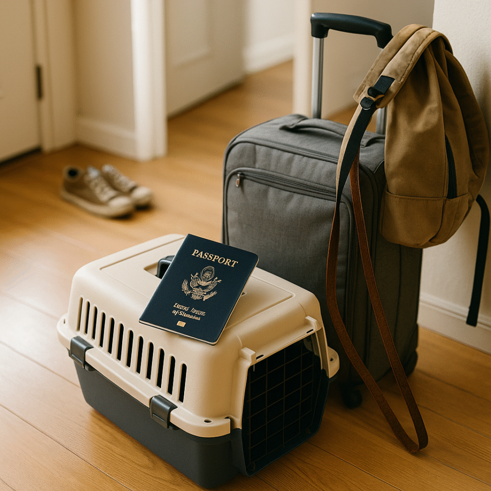 A beige pet carrier with a U.S. passport on top sits beside a suitcase and backpack in a hallway, symbolizing the process of bringing pets to the Netherlands.