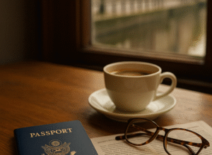A U.S. passport, reading glasses, and a Dutch newspaper with the headline "Wonen in Nederland" rest on a wooden table beside a cup of coffee, with a canal street visible through the window.
