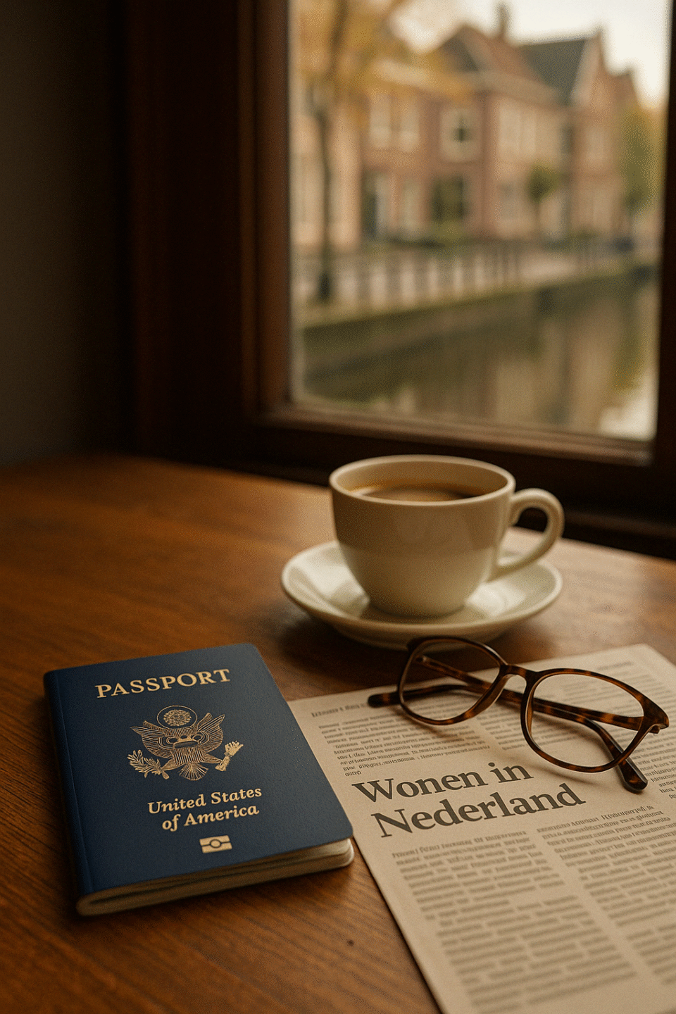 A U.S. passport, reading glasses, and a Dutch newspaper with the headline "Wonen in Nederland" rest on a wooden table beside a cup of coffee, with a canal street visible through the window.