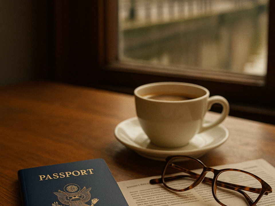 A U.S. passport, reading glasses, and a Dutch newspaper with the headline "Wonen in Nederland" rest on a wooden table beside a cup of coffee, with a canal street visible through the window.