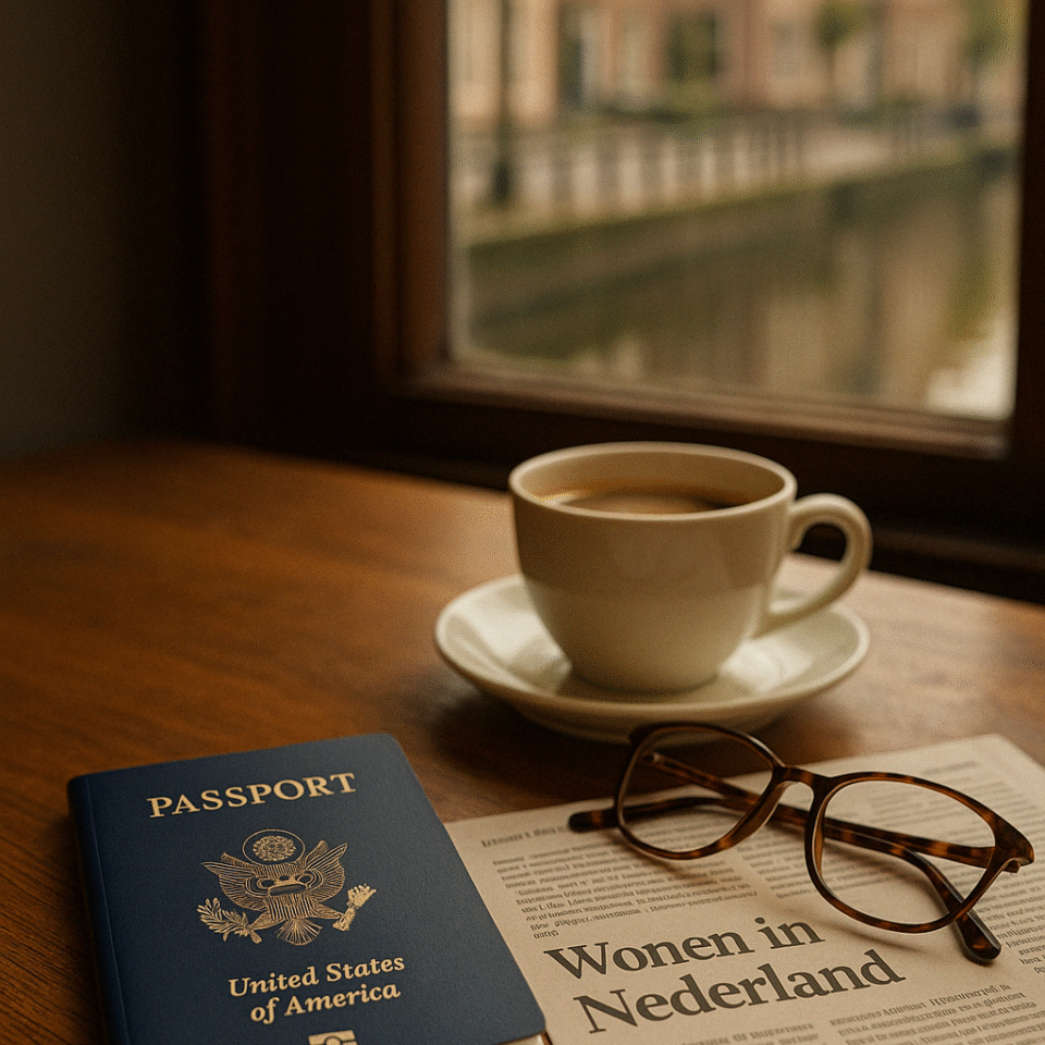 A U.S. passport, reading glasses, and a Dutch newspaper with the headline "Wonen in Nederland" rest on a wooden table beside a cup of coffee, with a canal street visible through the window.