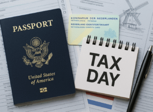 US passport, Dutch identity card, and “Tax Day” notepad on tax forms—symbolizing Dutch taxes for American expats.