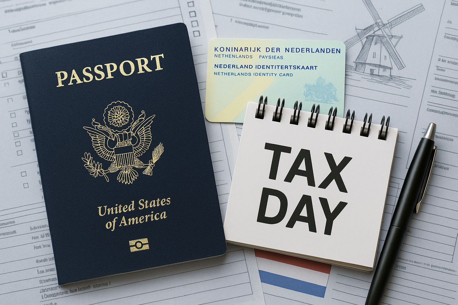 US passport, Dutch identity card, and “Tax Day” notepad on tax forms—symbolizing Dutch taxes for American expats.