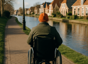 A person in a wheelchair travels along a paved path beside a peaceful Dutch canal, surrounded by traditional brick houses and bathed in soft afternoon sunlight.