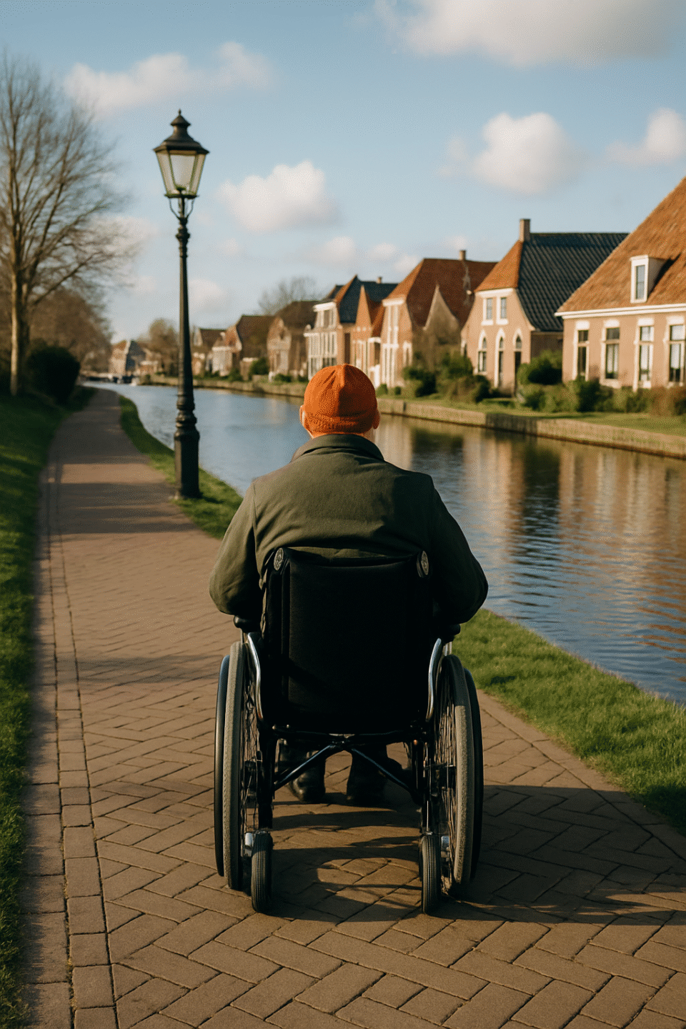 A person in a wheelchair travels along a paved path beside a peaceful Dutch canal, surrounded by traditional brick houses and bathed in soft afternoon sunlight.