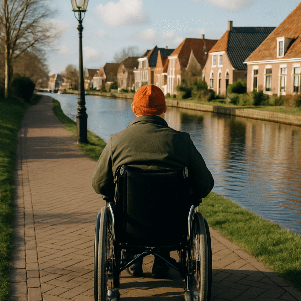 A person in a wheelchair travels along a paved path beside a peaceful Dutch canal, surrounded by traditional brick houses and bathed in soft afternoon sunlight.